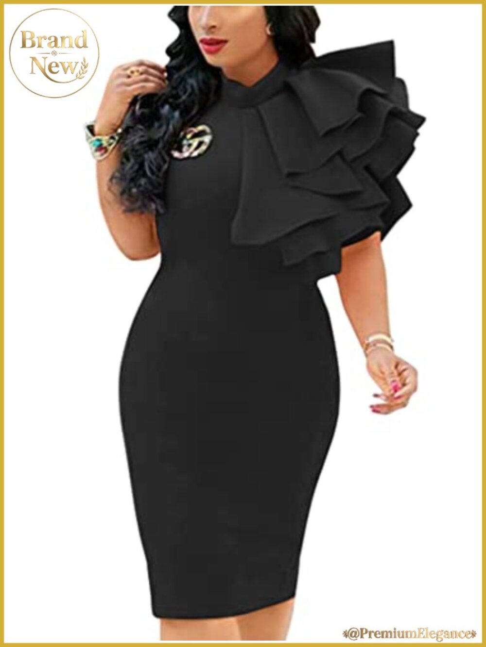 High Neck Sleeveless Bodycon Midi Cocktail Party Dress Ruffle